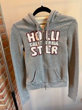 Vintage Hollister Gray Zip-Up Hoodie with Applique Logo